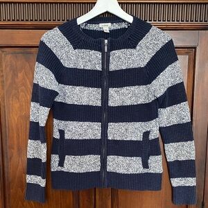 L. L Bean Striped Full Zip Front Cardigan 100% cotton navy marled navy/white XXS